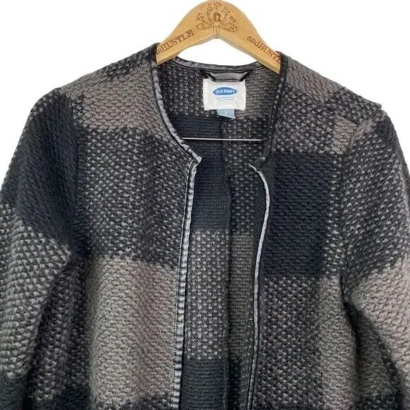 OLD NAVY WOMEN'S BLACK/GRAY FAUX LEATHER TRIM WOOL CARDIGAN JACKET SMALL-NICE! - Picture 2 of 6